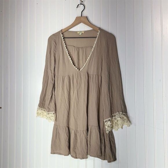 Kori America L Boho Taupe Mini Dress Crochet Bell Sleeve Babydoll Lagenlook - Picture 1 of 9